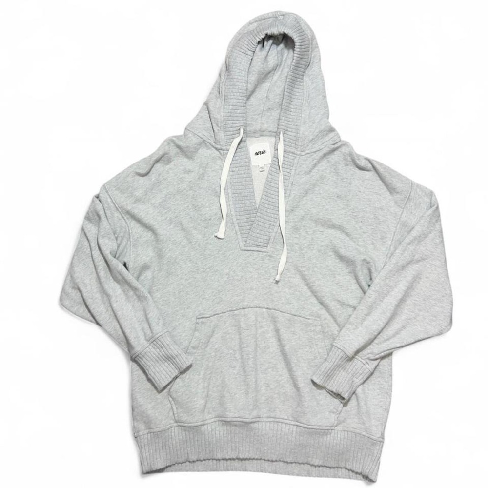 Aerie Grey Hoodie Sweatshirt Medium Gray Oversized Cozy Loungewear V Neck